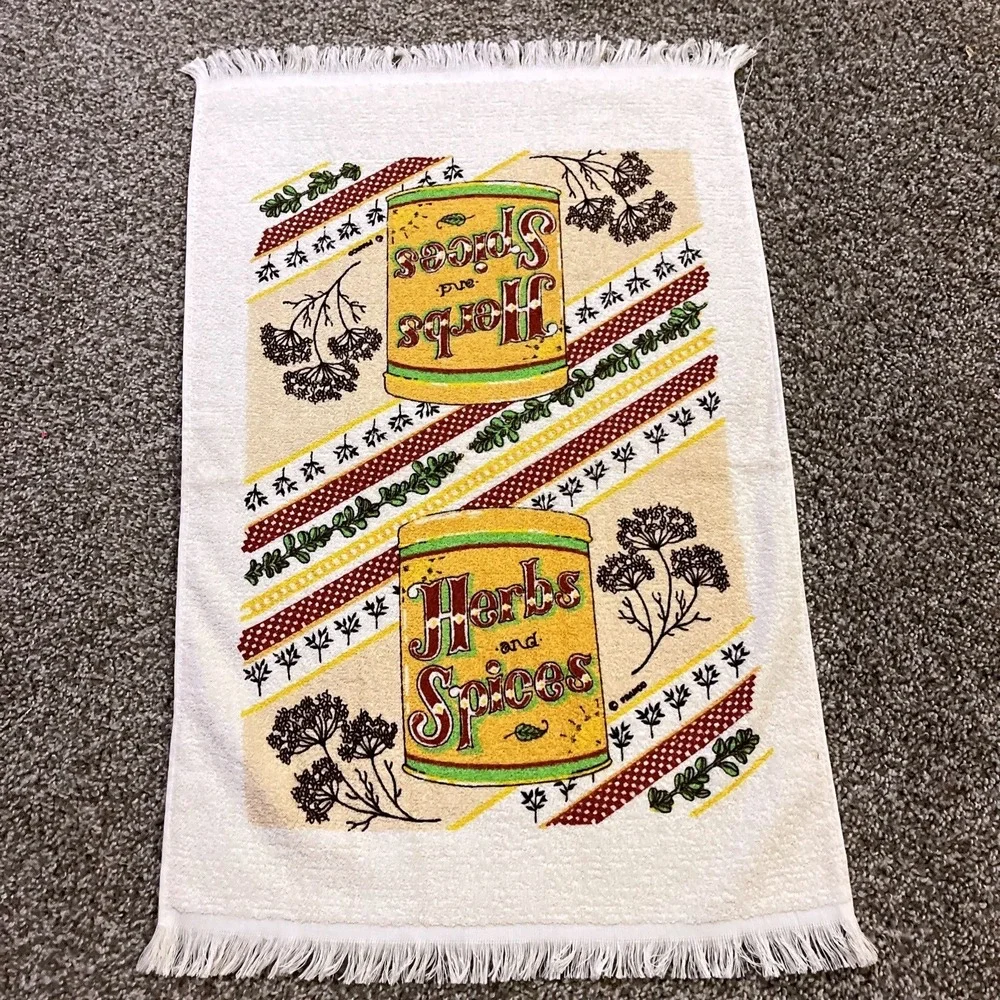 VTG CANNON Hand Kitchen Towel Fringe 70s‎ NOS Herbs & Spices Yellow Green Basil